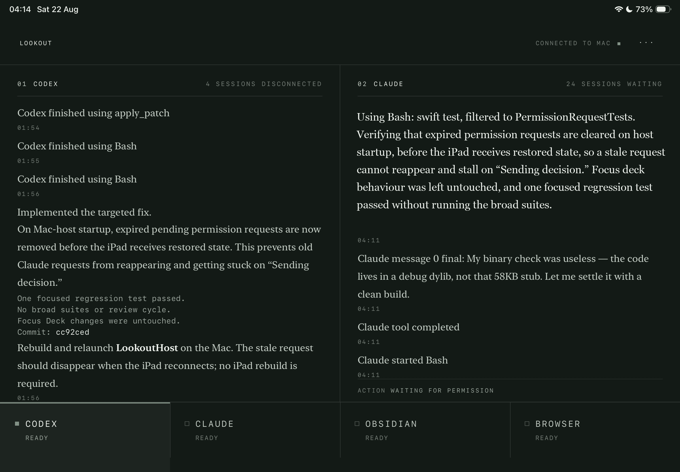 Lookout on an iPad: Codex streaming in the left column, Claude in the right, and the app switching hotkeys along the bottom.